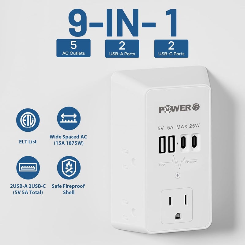 POWERS Electrical Outlet Extender with USB Ports (2C2A), Snug Wall Outlet, Surge Protector, Wall Plug Adapter for Multiple Devices, Wall Socket Expander - Image 3